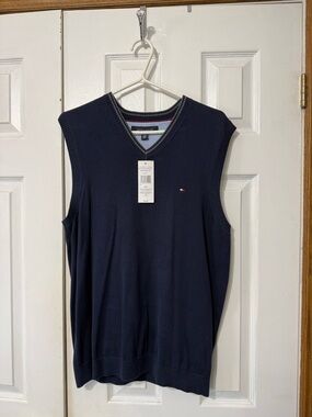 Tommy Hilfiger Men's Navy V-Neck Sweater Vest with Contrast Trim